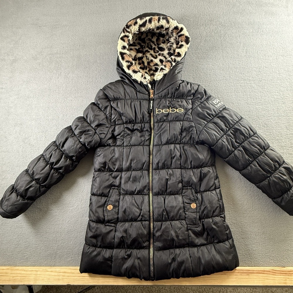 BEBE Black Puffer Coat Girls Small 7/8 Hooded Stretch Full Zip Animal‎ Print